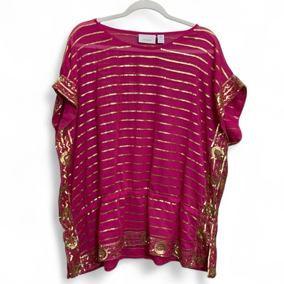Chico's Tops - PLUS‎ Chico’s Pink & Gold Semi Sheer Sequin Stripes Medallion Blouse Size 20
